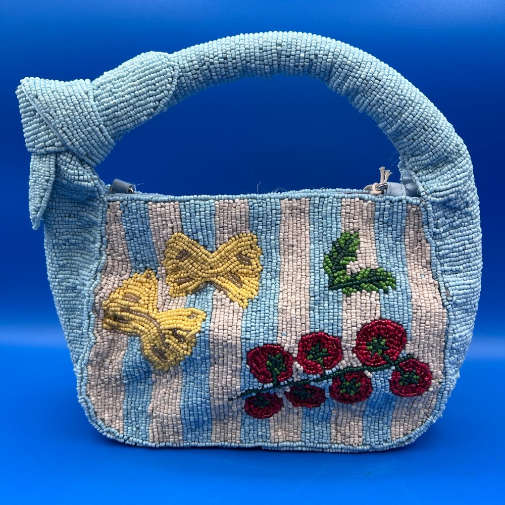 Viral Beaded Pasta Mini Bag Blue White Striped Farfalle Tomato NWT